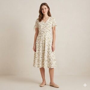 R&K Cream‎ Floral V-Neck Midi Dress